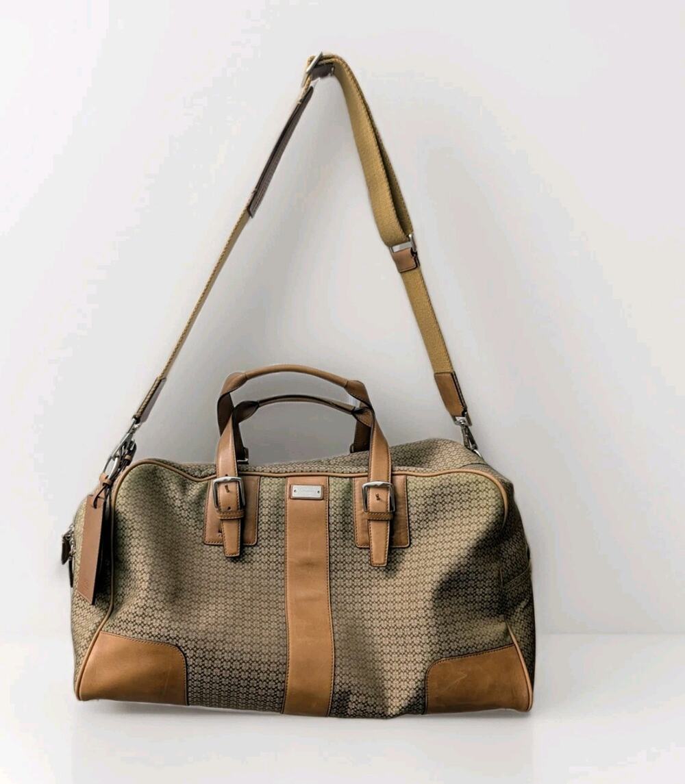 Coach Signature C Monogram Weekender Travel Bag Leather Trim Tan Green RARE